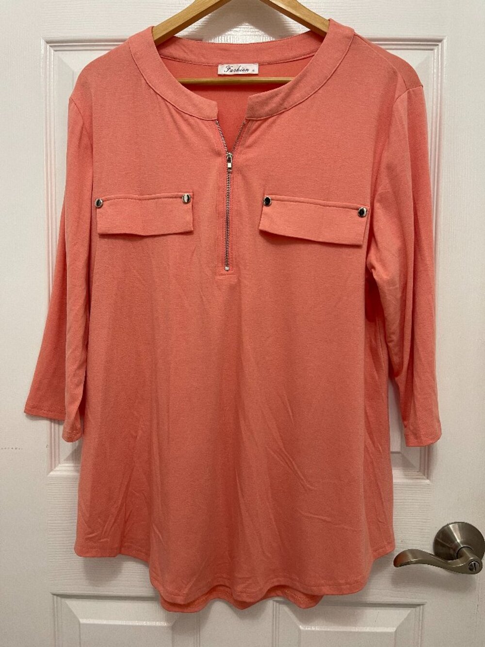 Fashion Coral Pink Half Zip Tunic Blouse Top XL